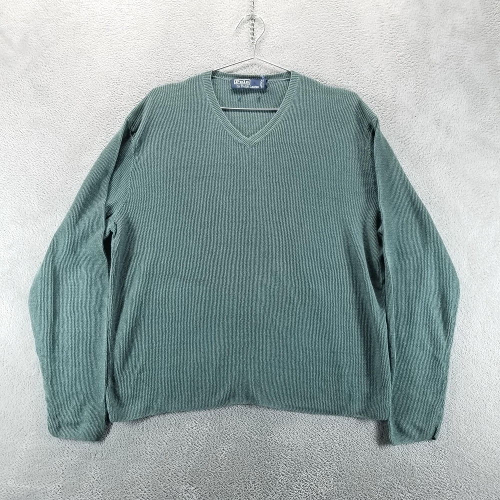 VTG Polo Ralph Lauren Sweater Mens Large Green V Neck Italian‎ Yarn 90s